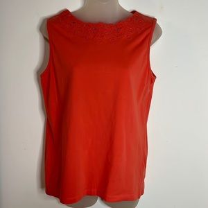 Allyson Whitmore Coral Red Sleeveless Blouse Embroidered Neckline Tank Top